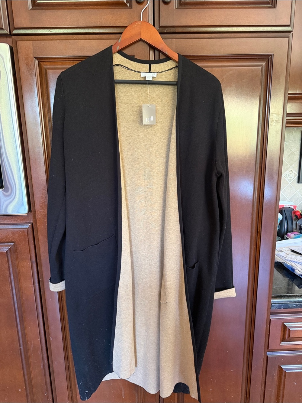 J. Jill Long Black and Camel Open-Front Cardigan/Coat